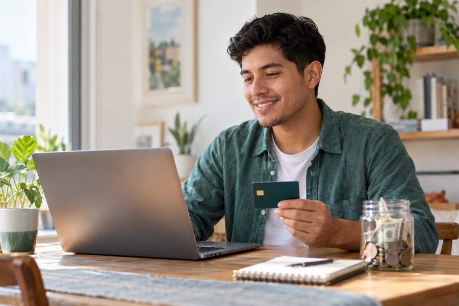 Persona joven usando una computadora y una tarjeta para aprender a construir crédito